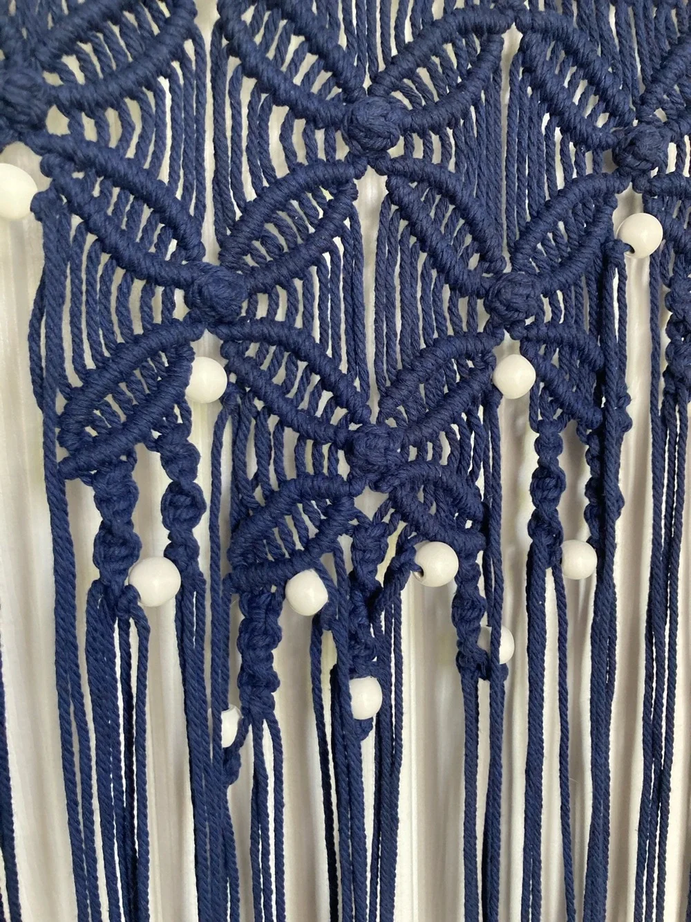 Boho Bohemian Macrame Navy Blue Wall Hanging with White Wooden Beads 38 x 13 in